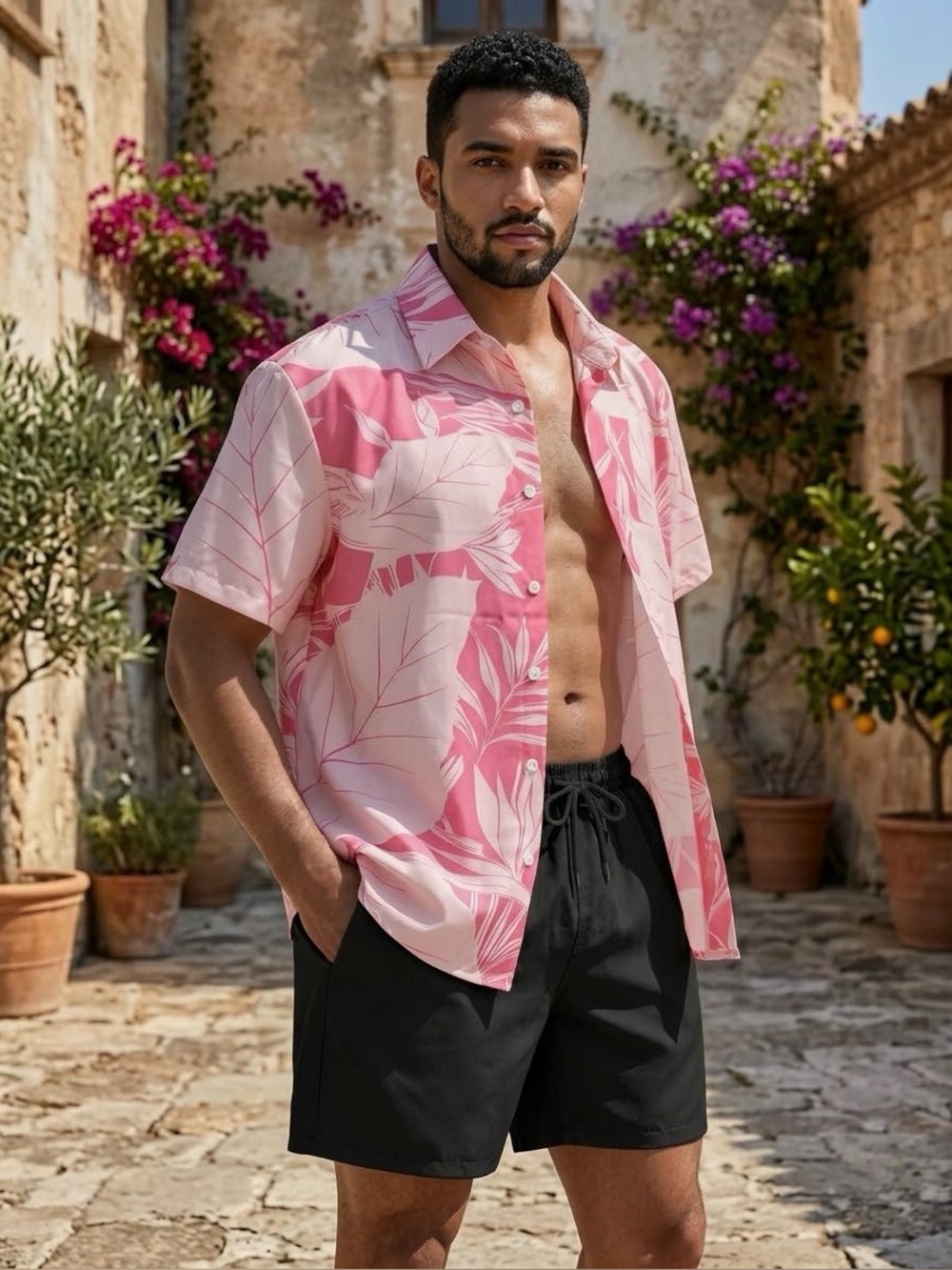 Pink Tropical Print Dress Shirt